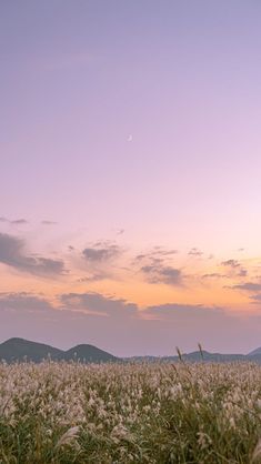 the sky is pink and purple as the sun goes down in the distance, with mountains in the background