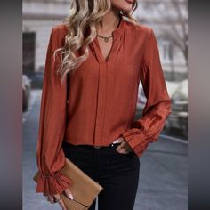 Notched Neck Flare Sleeve Blouse Size Xl New Without Tag #158tt) Elegant Orange Blouse For Fall, Elegant Orange Tops For Fall, Elegant Orange Top For Fall, Chic Orange Fall Blouse, Bishop Sleeve Blouse, Scalloped Blouse, Business Casual Blouse, Black Blouse Women, White Short Sleeve Tops