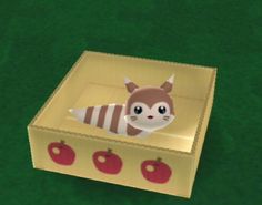 an animal in a box with apples on the ground