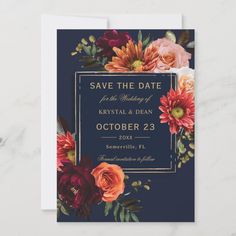 save the date card with flowers and leaves in navy blue, gold and red colors