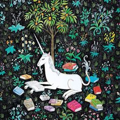 an image of a unicorn reading books in the grass with flowers and trees around it