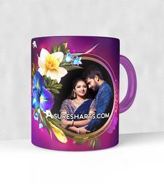 a purple coffee mug with an image of a couple and flowers on the inside, in front of a white background