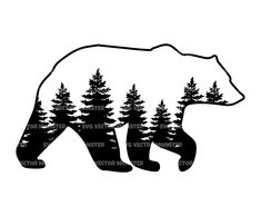 a black and white silhouette of a bear with trees on it's back side