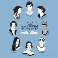 the great women of literature in black and white on a blue background with an open book