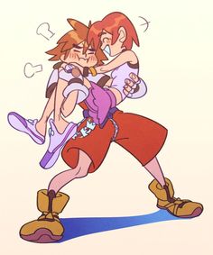 two cartoon characters hugging each other with one holding his arm around the other's neck