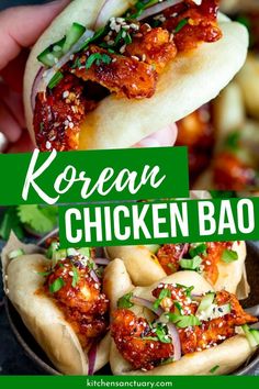 korean chicken bao in a bowl with text overlay