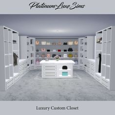 an image of a closet that is very clean and well organized with white cabinets, drawers, and shelves