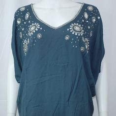 Nwt Dark Teal Beaded Blouse Sz S Sugarlips Gorgeous Dark Teal Blouse, Embellished With Silver Beads<3~ Festive V-neck Summer Tops, Summer Festive Embellished Blouse, Summer Festive Embellished Tops, Embellished Summer Tops For Festive Occasions, Embellished Tops For Summer Festivals, Crystal Embellished Tops For Night Out In Summer, Embellished Tops For Summer Festivities, Glamorous Embellished V-neck Tops, Embellished Summer Beach Blouse