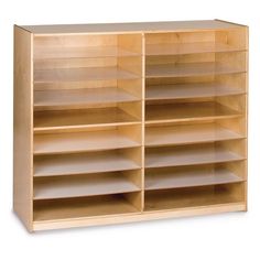 a large wooden shelf with several shelves on each side and one section open to show the contents