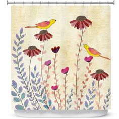 a shower curtain with flowers and birds on it's side, in front of a beige background