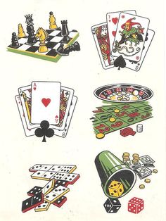 an image of playing cards and games on a white paper sheet with colored inks