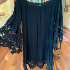 Talk Of The Walk, Size M/L (Fits Big). Lace Trim Dress Off The Shoulder. 100% Polyester Pockets! Black Bell Sleeve Summer Dress, Black Bell Sleeve Dress For Summer, Dresses Off The Shoulder, Women Talk, Lace Trim Dress, Trim Dress, The Walk, Black Lace Dress, Black Lace