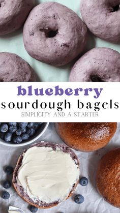 blueberry sourdough bagels with cream cheese frosting and fresh blueberries