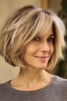 The right shape for your face and fine hair is a softly layered bob with side-swept bangs. The layers will give it more volume, while the side-swept bangs highlight your eyes. Click here to check out more flattering short hairstyles for women over 50 with fine hair. Chin Length Haircuts, Feathered Bangs, Choppy Bob Hairstyles, Hairstyles For Women Over 50, Bob Haircut For Fine Hair, Layered Bob Hairstyles, Bob Hairstyles For Fine Hair, Haircuts For Medium Hair