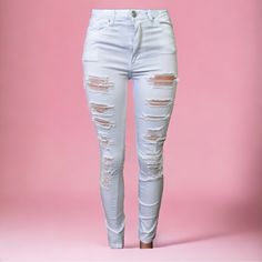 Women’s American Bazi High Rise Destroyed Color Skinny Pants-White 98% Cotton 2% Spandex Damaged/Destroyed Look 5 Pocket Design Lightweight/Stretchable Material Slim Fit **White American Bazi Jackets Available Trendy White Distressed Jeans, White Ripped Mid-rise Bottoms, White High Rise Ripped Jeans, Fitted Distressed White Bottoms, White Distressed Fitted Jeans, Trendy White Ripped Jeans, Stretch Distressed White Bottoms, White Distressed Mid-rise Bottoms, High Rise White Pants With Frayed Hem