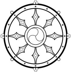 a black and white drawing of a sun in a circle with stars on it, surrounded by circles