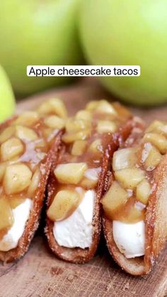 apple cheesecake tacos on a cutting board with apples in the background