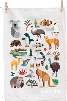 an australian tea towel hanging on a clothesline with animals and birds in it,