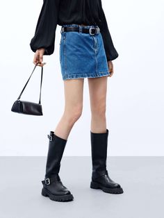 MO&Co. Women's Low Waisted A-line silhouette Mini Denim Skirt in Indigo Blue Mini Denim Skirt, Closure Design, Short Design, Designer Shorts, Low Waisted, Mesh Bag, Indigo Blue, Low Waist, Wardrobe Staples