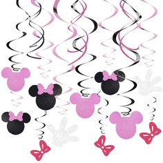 some pink and black streamers with minnie mouse heads