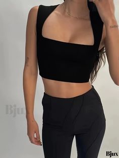 Bjux - Womens Square Neck Sleeveless Crop Tank Top - Trendy Y2K-inspired Summer Apparel Summer Apparel, Crop Tank Top, Cropped Tank Top, Crop Tank, Square Neck, Summer Outfits, Tank Top, Solid Color, Tank Tops