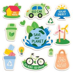 various stickers that say save our planet