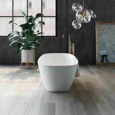 a bath tub sitting on top of a wooden floor next to a potted plant