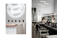 two pictures of a woman sitting at a counter in a beauty salon