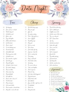 a printable date night checklist with flowers