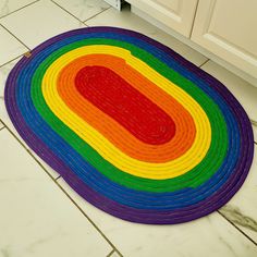 oval rainbow rope rug on white marble with grey veined flooring against white kitchen cabinets base. Jelly Roll Quilt Rug, Candy Wrapper Rug, Jelly Roll Rug, Rainbow Jelly, Entry Ways, Home Decor Colors, Custom Recipe, Rainbow Design, Jelly Roll