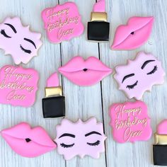 pink and black decorated cookies with happy birthday messages