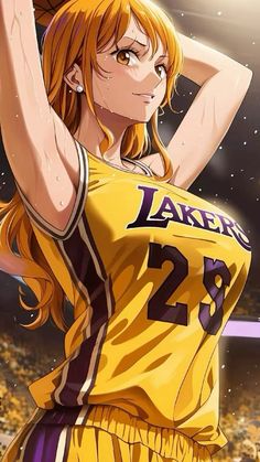 an anime character with long blonde hair wearing a basketball uniform and holding her arm up in the air