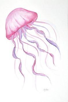 a watercolor drawing of a jellyfish in pink and purple colors on white paper