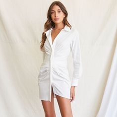 White Shirt Dress, Small, Nwt White Fitted Shirt Dress For Night Out, Casual White Shirt Dress For Date Night, White Mini Length Shirt Dress For Date Night, White Fitted Shirt Dress For Brunch, White Mini Shirt Dress For Date Night, White Casual Shirt Dress For Night Out, White Button-up Mini Dress For Night Out, White Button-up Mini Dress For Date Night, White Mini Shirt Dress For Dress Down Occasions