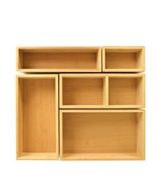 three wooden shelves with compartments on each side