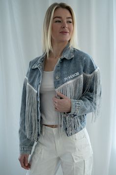 Our fringe detail denim jackets can be customized with your text to make for a one of a kind special item. Be the life of the party with the fun fringe details on these jackets with a lightweight fit and signature cotton denim feel. We suggest sizing up as these run on the smaller side. This item ships in 10-14 days. Product Care💓 Please hand wash with care. Do not iron directly on personalization. Fringe Denim Jacket For Fall Festival, Fall Festival Denim Jacket With Fringe, Fall Festival Fringe Denim Jacket, Trendy Denim Jacket With Fringe, Festival Long Sleeve Outerwear With Frayed Hem, Spring Festival Denim Jacket With Fringe, Denim Outerwear With Frayed Hem For Festival, Trendy Fringe Denim Jacket, Fringe Cotton Denim Jacket For Fall