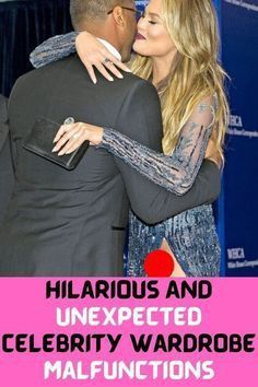 a man and woman hugging each other in front of a blue background with the words hilarrous and unexpected celebrity wardrobe malfunction ages