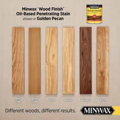 several different types of wood finish options for furniture and floor coverings, including white oak, red oak, yellow cedar, black walnut, or minwax