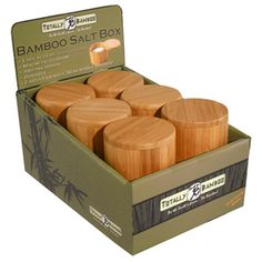 four bamboo salt boxes in a cardboard box