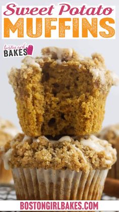 A stack of two Easy Sweet Potato Muffins with crumb topping, the top muffin has a bite taken out of it. Other muffins, including some sweet potato muffins with similar crumb topping, are arranged on a cooling rack against a light background. Healthy Sweet Potato Muffins, Brown Sugar Sweet Potatoes, Sweet Potato Muffin Recipe, Streusel Topping Recipe, Crumb Cake Muffins, Maple Icing, Healthy Sweet Potato, Gluten Free Sweet Potato, Potato Muffins