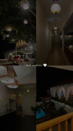 four different shots of the inside of a house at night, with lights on and in between