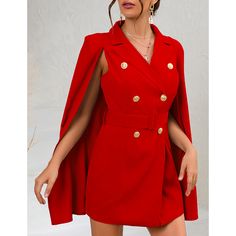 Red Solid Double-breasted Cape Blazer Red Party Outerwear With Button Closure, Cape Blazer, Fall Blazer, Cape Dress, Cozy Chic, Crop Top Blouse, Double Breasted Blazer, Blazer Fashion, Cutout Dress