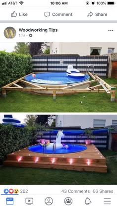 an above ground swimming pool with lights on the bottom and below it is a wooden deck