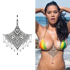 Money Tattoos, Mandala Sternum Tattoo, Tattoo Large, Sternum Tattoo Design, Realistic Temporary Tattoos, Temporary Tattoo Sleeves, Underboob Tattoo, Black Henna