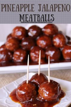 pineapple jalapeno meatballs on a white plate with toothpicks