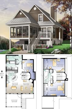 two story house plans with lofts and an open floor plan for the first level