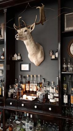 a deer head mounted to the side of a wall next to liquor bottles and glasses