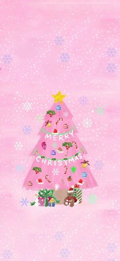 a pink christmas tree on a pink background with snowflakes and stars around it