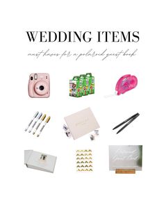 wedding items are arranged in the shape of a circle on top of a white background