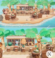 two pictures of the same island with people sitting at different tables and chairs in front of them